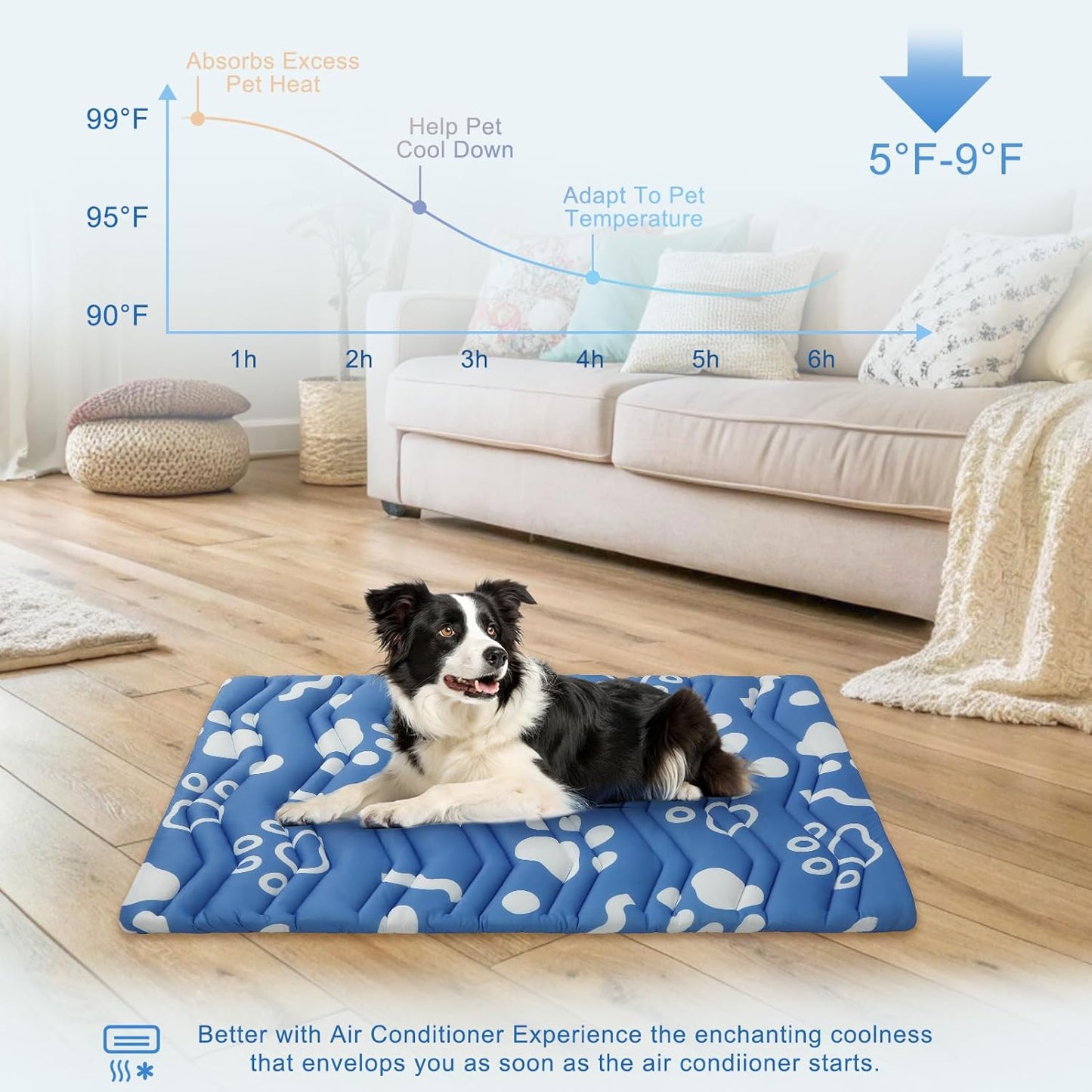 BEAUTYZOO Dog Cooling Mat- Upgraded Thicken Cooling Mat for Large Dogs Reversible(Cool & Warm) Pet Ice Cool Bed Washable & Portable, Summer Crate Pad for Big Dog Puppy Up to 44 lbs, Paw Blue 36X23IN