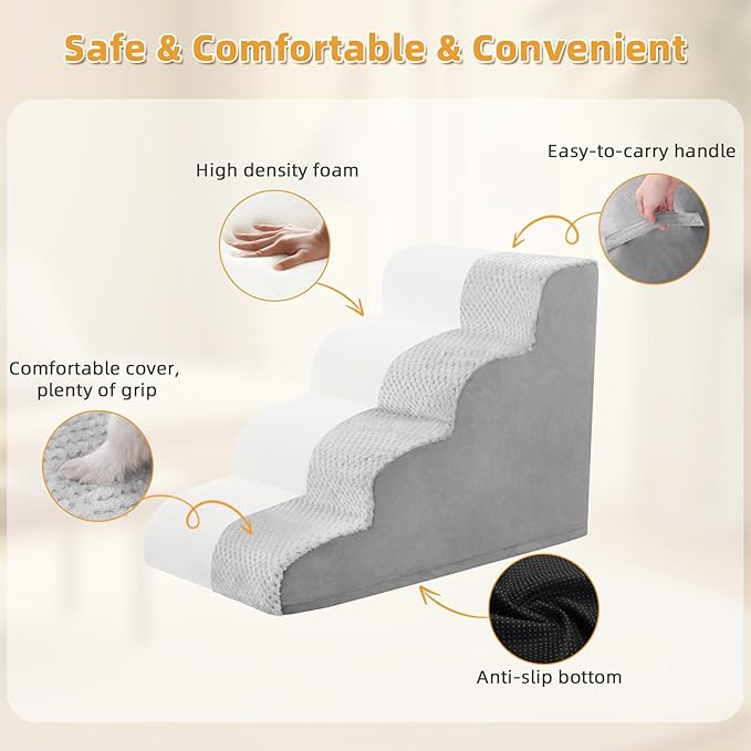 MIHIKK Dog Stairs Ramp, Curved 4-Step Dog Steps for Small Dogs and Cats, Pet Stairs for High Beds and Couch with Anti-Slip Washable Cover and Durable High Density Foam, Grey