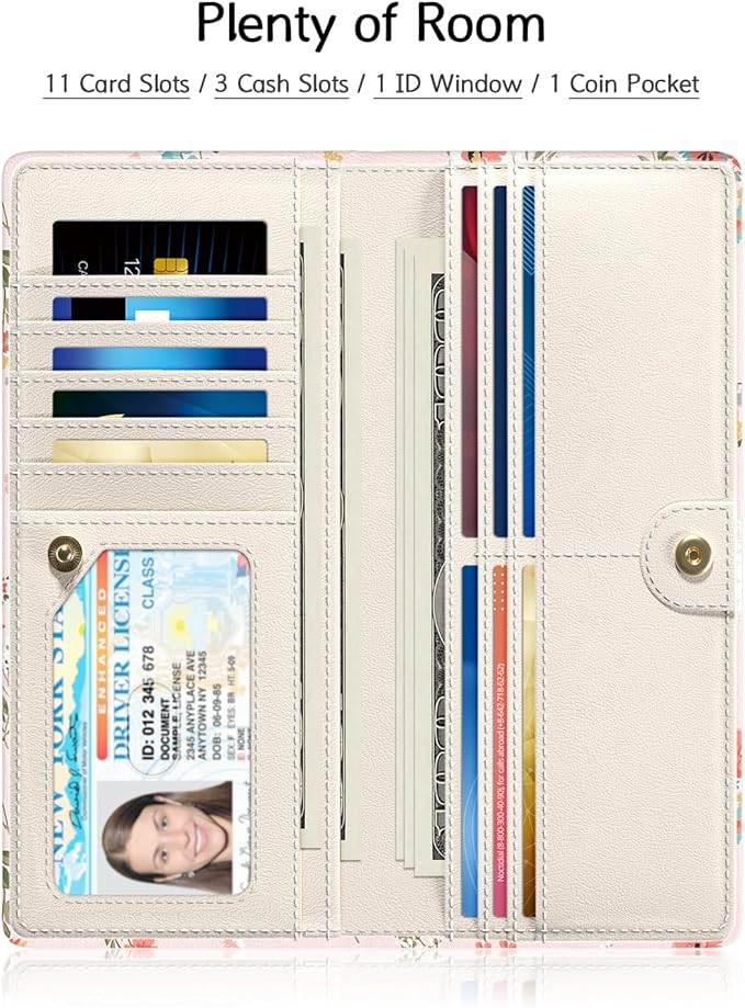 Nipichsha Womens Wallet, RFID Slim Wallets for Women, Thin Ladies Credit Card Holder Purse, Cute Leather Bifold Clutch Billfold with 11 Card Slots & ID Window, Pink Flowers