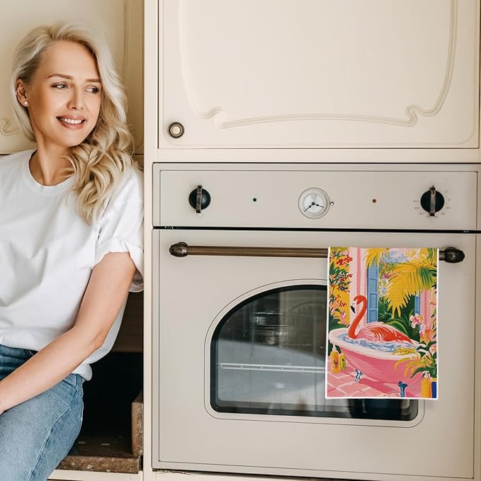 Flamingo Hand Towels for Bathroom, Trendy Maximalist Tropical Botanical Flamingo Hand Towels for Bathroom Decor, 16x24 Inch