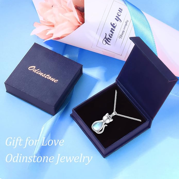 Odinstone Cat Birthstone Necklaces Jewelry Sterling Silver Cat Pendant Necklace Gift for Women Gifts, 18'' Silver Box Chain Women's Birthstone Crystal Cat Jewelry Gifts