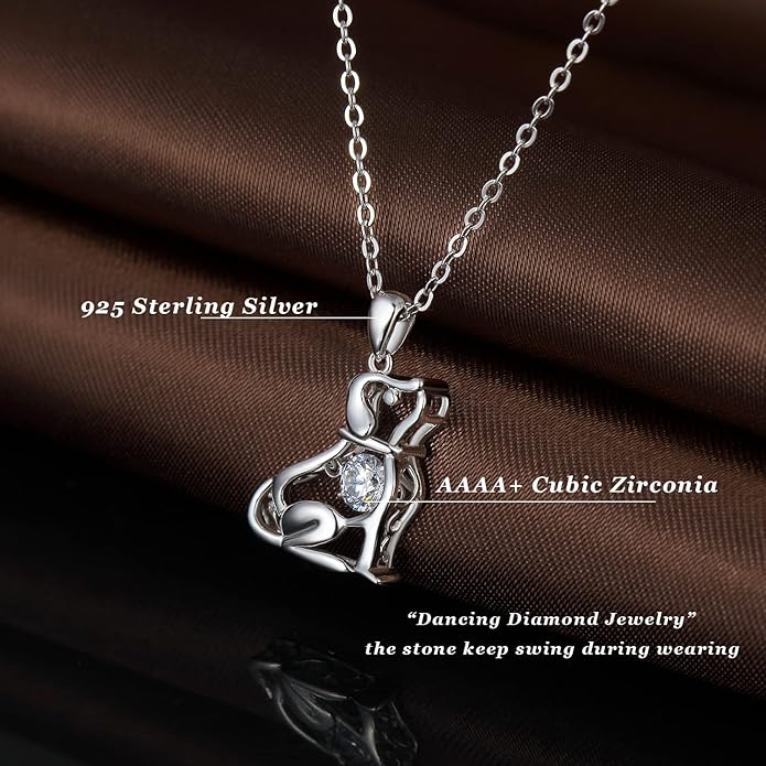 jiamiaoi 18K White Gold Plated Cat Necklace 925 Sterling Silver Diamond Cat Necklace Silver Cat On Moon Necklace for Women Gift for Birthday/Christmas, Come with Gift Box