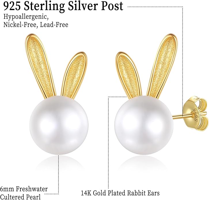 Rabbit Cat Earrings Freshwater Pearl Earrings Sterling Silver Stud Earrings for Women Gifts