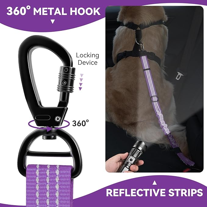 Pawaboo Dog Seatbelt for Car, 3-in-1 Dog Seat Belt Bungee, Shockproof Dogs Tether for Car with Buckle & Hook Latch, Adjustable Reflective Dogs Cars Harness Leash with 360° Lockable Buckle, Purple