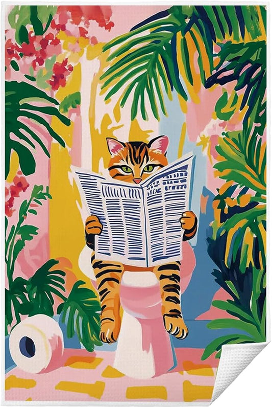 Trendy Maximalist Newspaper Tabby Cat Bathroom Hand Towels, Tropical Botanical Cat Kitten Decorative Hand Towels for Bathroom Decor, 16x24 Inch