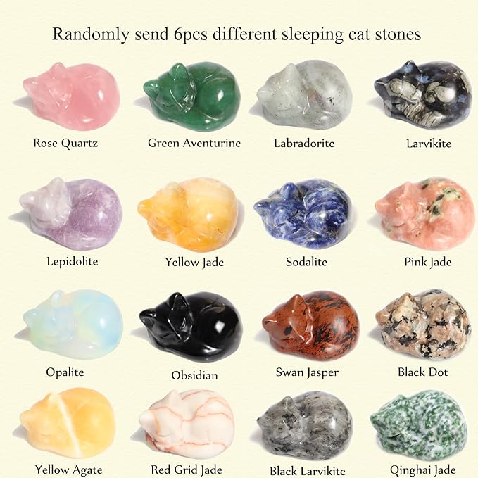 Crystal Cat Figurine, Mix 6PCS Sleeping Kitty Cat Collectibles Lucky Cat Statues, Stone Carving Cat, Black Obsidian Polished Crystal Cat Decoration Animal Figurines 1.5"