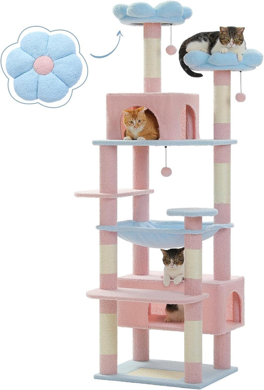 PAWZ Road Flower Cat Tree, 72 Inches Large Cat Tower with Steel Frame Hammock and 7 Scratching Posts, Tall Cat Tree with 2 Condos and Perches for Large Indoor Cats - Blue