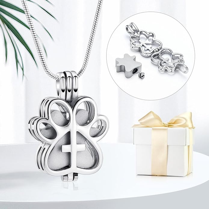 Pet Cremation Jewelry for Dog/Cat Paw Stainless Steel Memorial Locket Urn Necklace with Hollow Urn Cremation Jewelry for Ashes