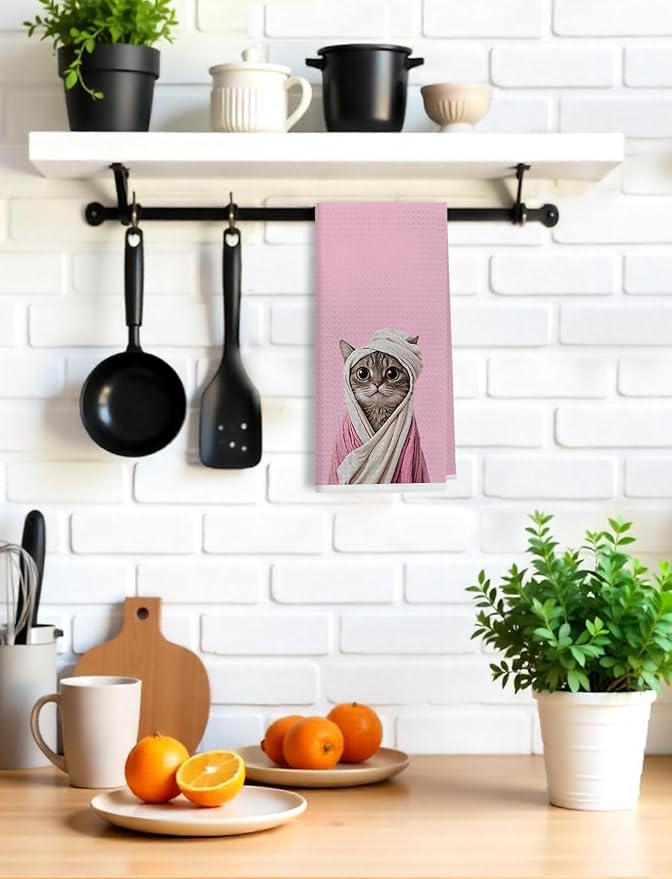 Pink Bathrobe Cat Bathroom Hand Towels, Cat Lover Mom Lady Gifts, Cute Animal Kitty Kitten Decorative Hand Towels for Bathroom, Funny Cats Kitchen Towels, 16x24 Inch