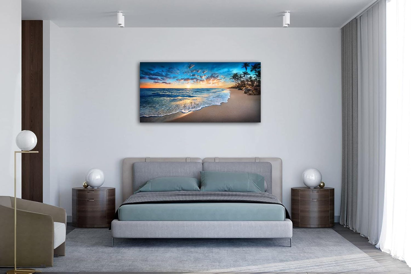Jiuqinghua Canvas Prints Wall Art Blue Beach Ocean Landscape Paintings 1 panel Sunset Sea Waves Wall Decor Pictures Stretched and Framed for Living Room Bedroom and Office Decor Artwork 24x48inch