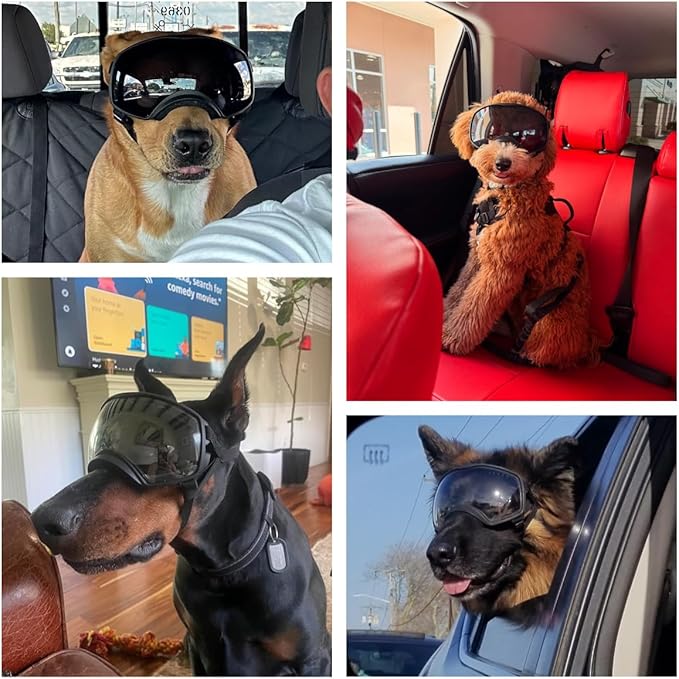 Dog Sunglasses UV Protection Clear Dog Goggles Windproof Glasses with Elastic Straps for Medium-Large Breed, Black Frame + Black Lens