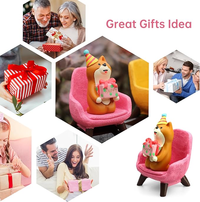 Cute Mini Puppy Holding a Gift Figurine - Resin Dog for Office, Home Decoration for Dog Lovers - Pink Sofa