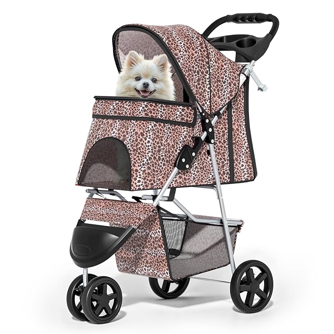 MoNiBloom 3 Wheels Pet Dog Cat Stroller for Small Medium Dogs Cats, Lightweight Foldable Jogger Stroller w/Storage Basket & Cup Holder, Leopard Print