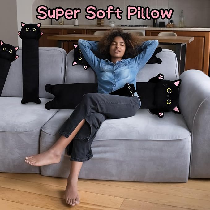 Long Cat Plush Long Cat Body Pillow, 31" Kawaii Cartoon Cat Stuffed Animals Soft Cat Plushie, Cute Black Cat Plush Pillow Cuddle Pillow Stuffed Cat Toys for Kids Birthday