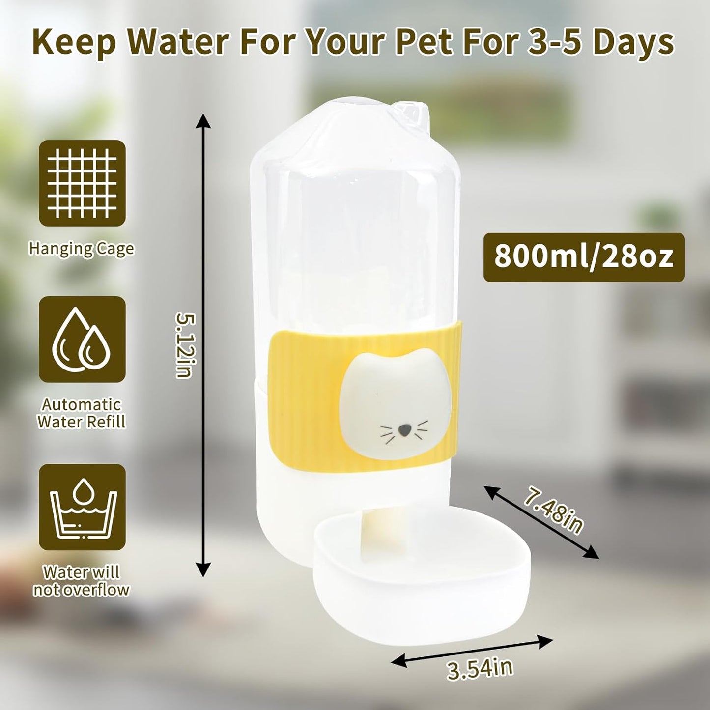 Rabbit Water Bottle, 800ml/28oz Hanging Automatic Water Dispenser for Cage, Ferret Bunny Guinea Pig Water Bowl,Suitable for Small Animal (Yellow, 800 ml/28 oz)