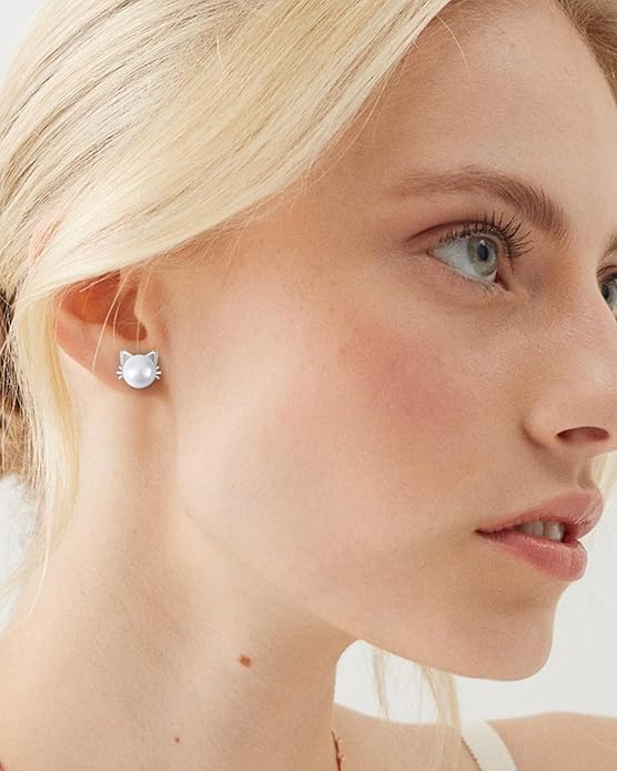 PANSTAR Hypoallergenic 925 Sterling Silver Pearl Cat Earrings for Women - Cute Dainty Cat Stud Earrings, Valentine’s & Mother’s Day Gift with Box