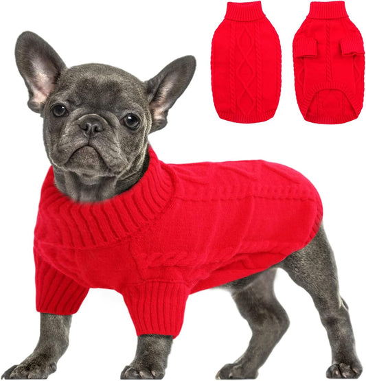 Queenmore Small Dog Pullover Sweater, Cold Weather Cable Knitwear, Classic Turtleneck Thick Warm Clothes for Chihuahua, Bulldog, Dachshund, Pug (Red, Small)