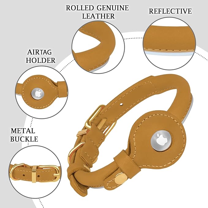 OOPSDOGGY Rolled Leather Dog Collar with Airtag Holder - Reflective Round Airtag Dog Collar - Soft Tracking Pet Collar for Small Dogs Puppy Cats Kitten (Camel, L, 14"-18")