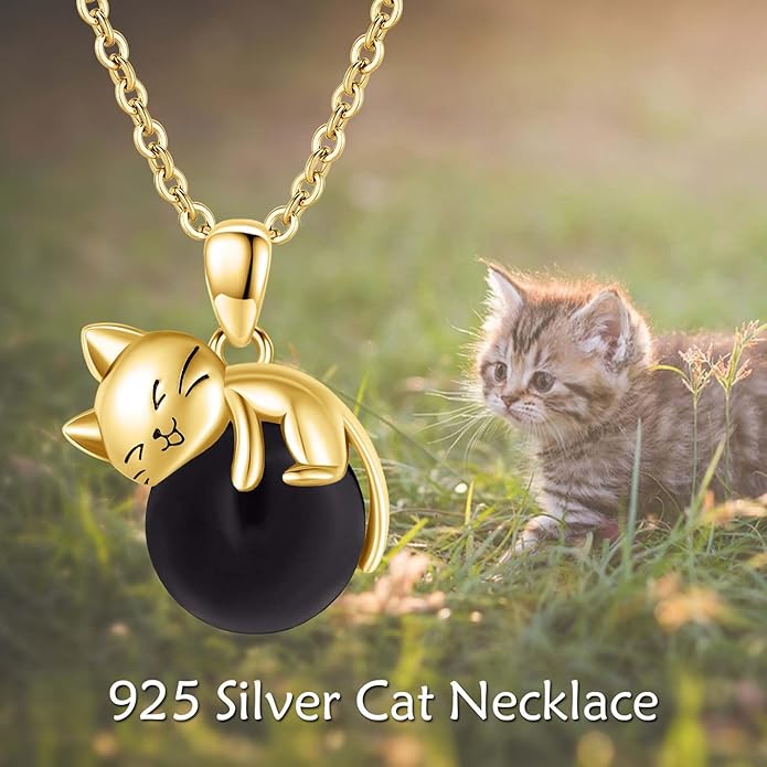 Cat Necklace Sterling Silver Cat Pendnat with Rose Quartz Pearl Jewelry Gifts for Women Cat Lovers