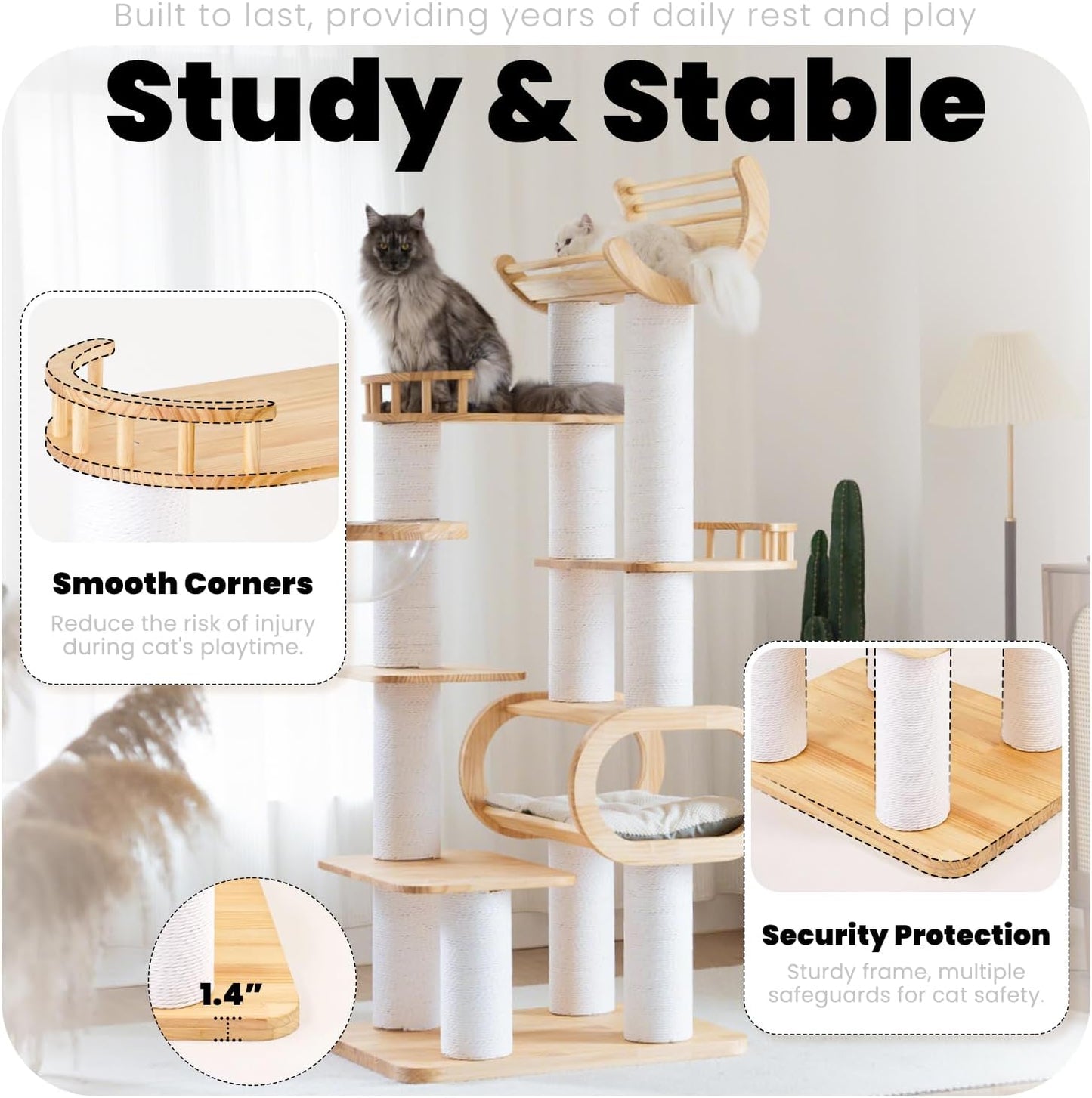 74.8" Modern Cat Tree for Indoor Cats, Tall Wood Cat Tower with Scratching Post, Heavy Duty Luxury Condo with Removable Mats, Multi-Level Cat Furniture for Cats