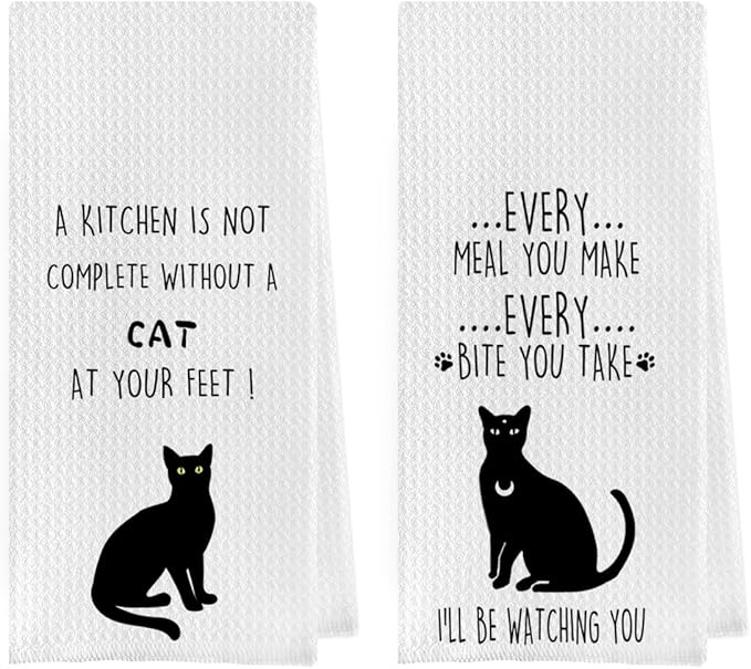 Cat Gifts Dish Towels Set - Funny Waffle Weave Kitchen Hand Tea Towels, Black Cat Gift (1624 Inches Set of 2)