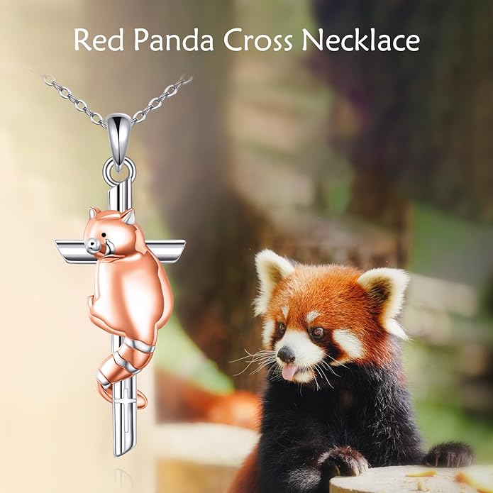 CRMAD Black Cat/Red Panda Cross Necklace for Women Sterling Silver Cross Necklace Animal Jewelry Gift for Women