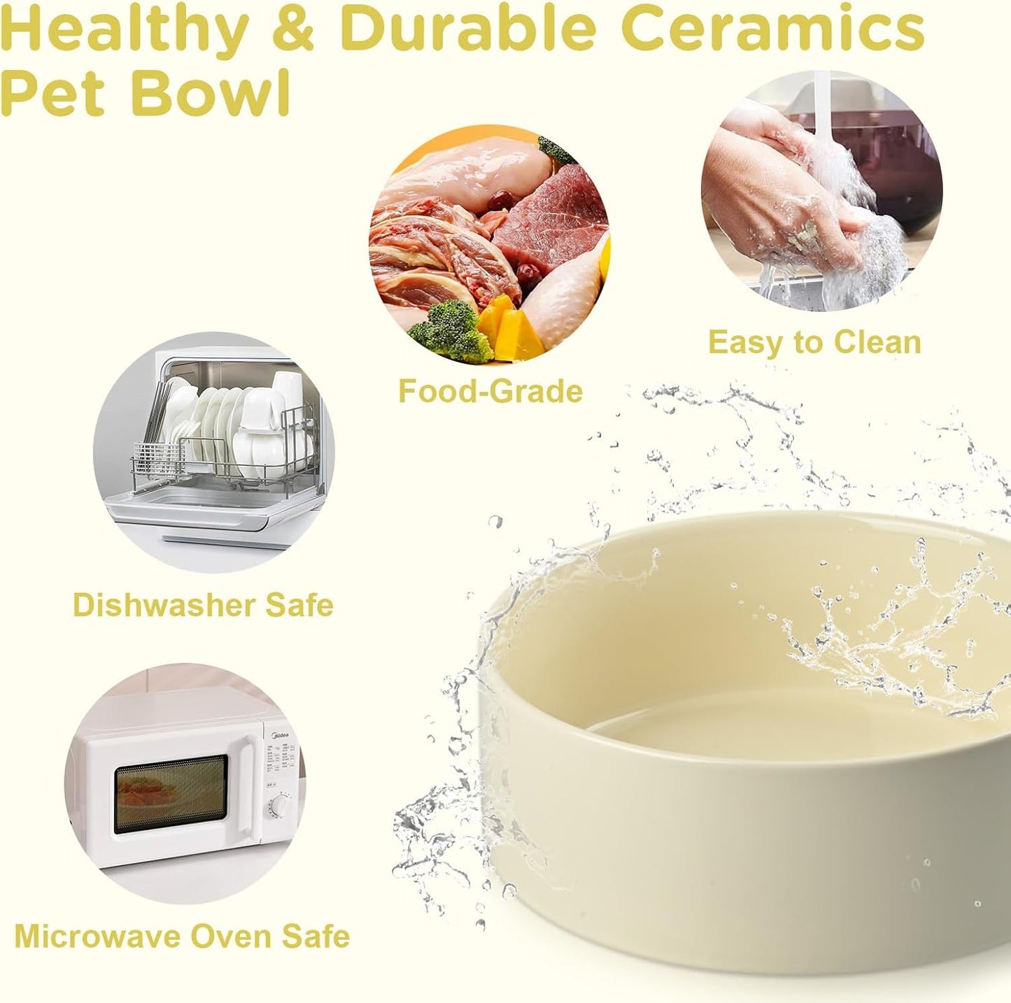 SPUNKYJUNKY Elevated Dog Bowls Ceramic, 7.3'' Dogs Food Water Bowls Raised with Non-Slip Bamboo Stand for Medium to Large Sized Breed Microwave Dishwasher Safe - 42 OZ,Beige