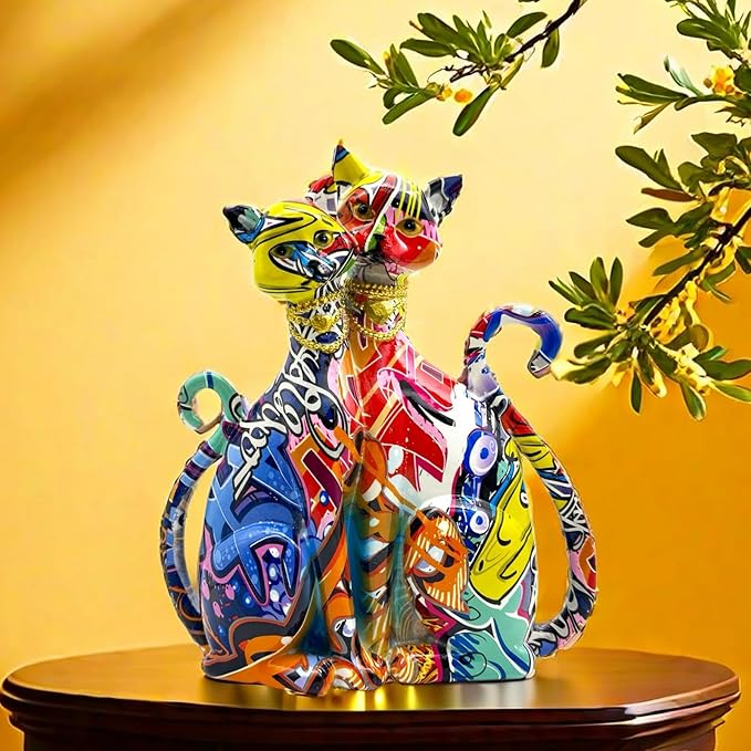 Colorful Cat Couple Lover Art Statue Figurine Sculpture, Cats Gifts for Cat Lover, Office Home Decor, Desk Accessories