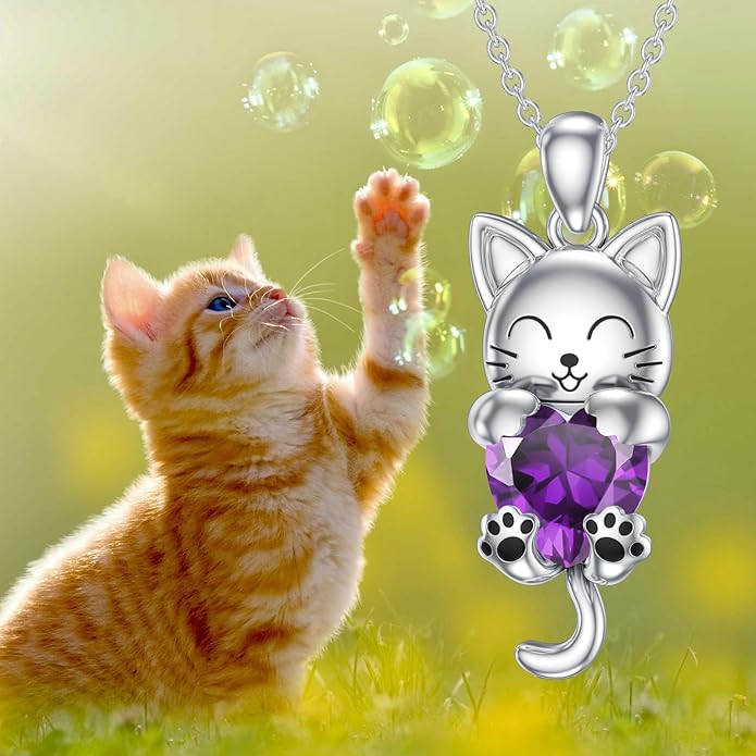 LONAGO Cat Necklace with Heart Birthstone Cat Pendant Necklace Sterling Silver Gifts for Women
