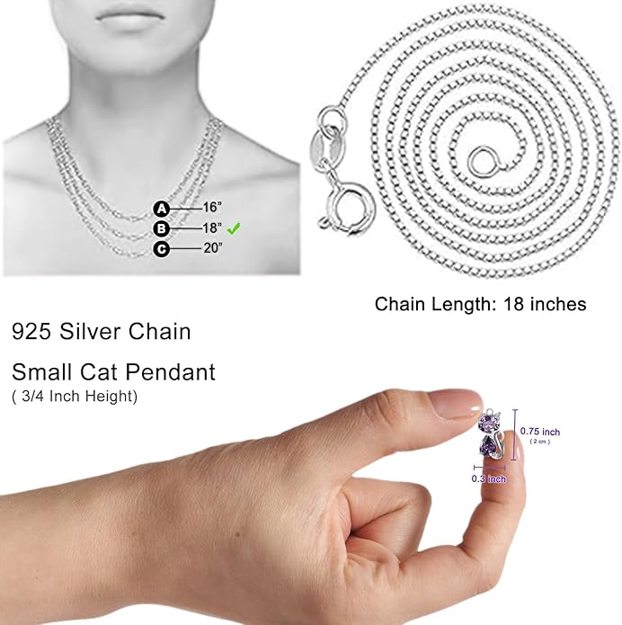 DreamsEden Cat Necklace, 18'' Silver Box Chain Women's Amethyst Cat Pendant Jewelry, Purple (Gift Box & Greeting Card)