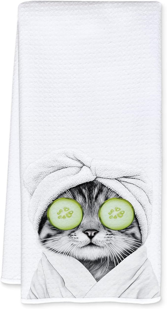 Funny Cucumber Cat Bathroom Hand Towels, Cat Mom Lady Lovers Gifts for Women, Cute Bathrobe Kitten Hand Towels for for Bathroom Washroom Restroom Decor, 16x24 Inch