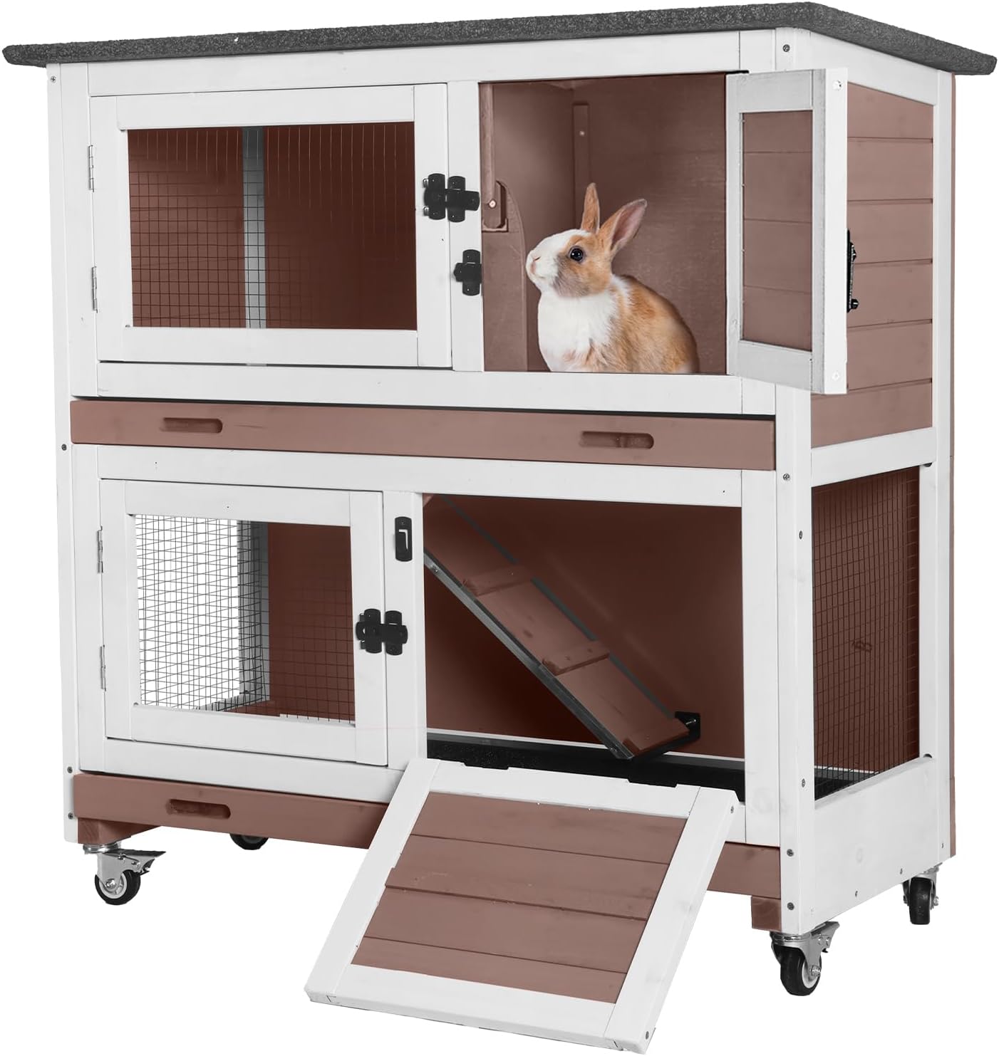 AIVITUVIN Wooden Rabbit Hutch Indoor Outdoor Rabbit Cage with Two Removable Trays Bunny Cage on Wheels Pet House Guinea Pig Cage 2 Story (Brown)