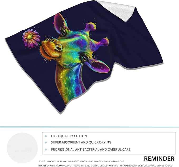 Giraffe Hand Towels Set of 2 - Colorful Fingertip Polyester Cotton Soft Bath Towels for Bathroom, Kitchen, Hotel, Spa - 14"X28"