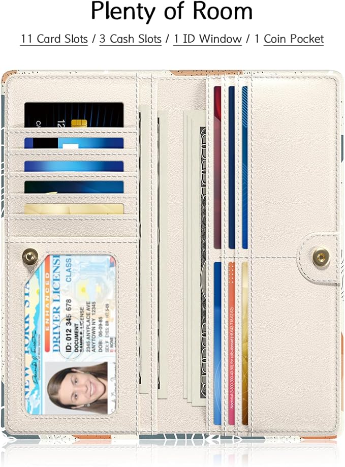 Nipichsha Womens Wallet, RFID Slim Wallets for Women, Thin Ladies Credit Card Holder Purse, Cute Leather Bifold Clutch Billfold with 11 Card Slots & ID Window, Abstract Boho Leaf
