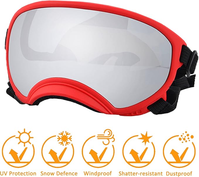 Large Dog Sunglasses with Adjustable Strap UV Protection, Winproof Puppy Sunglasses, Suitable for Medium-Large Pet Glasses, Dogs Eyes Soft Goggles, Red Silver