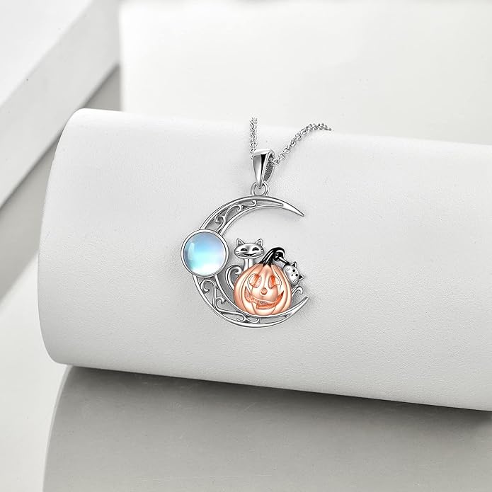 CRMAD Black Cat Necklace for Women Sterling Silver Moonstone Cat Jewelry Irish Gifts