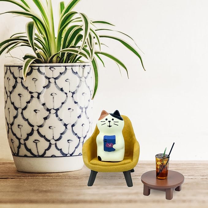 Cute Cat Playing Phone on Sofa and Drinking Coffee Figurine for Office Home Decor - Cute Cat Gift for Cat Lovers