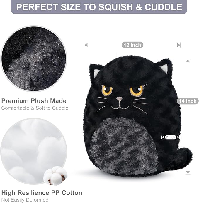 Cute Black Cat Plush Pillows, 14" Soft Stuffed Cat Animal for Squish & Collect, Kawaii Cat Plush for Bedroom Decor, Cute Birthday Gifts for Girls and Boys