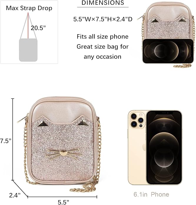 Cute Crossbody Purse for Teen Girls Sparkly Cat Purse and Small Crossbody Bags for Women Gift with Chain Strap