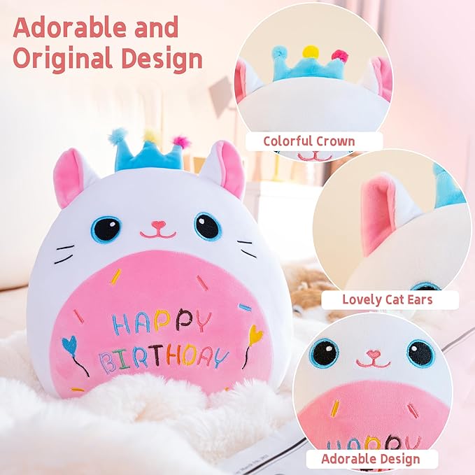 Cat Plush Cute Cat Stuffed Animals with Crown Soft Birthday Gift Cat Plushie Pillow Decor White 12 inch