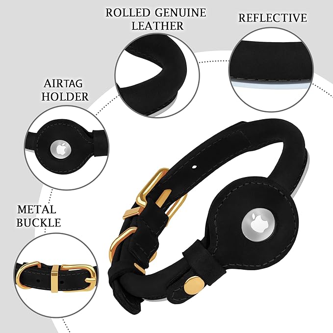OOPSDOGGY Rolled Leather Dog Collar with Airtag Holder - Reflective Round Airtag Dog Collar - Soft Tracking Pet Collar for Small Dogs Puppy Cats Kitten (Black, L, 14"-18")