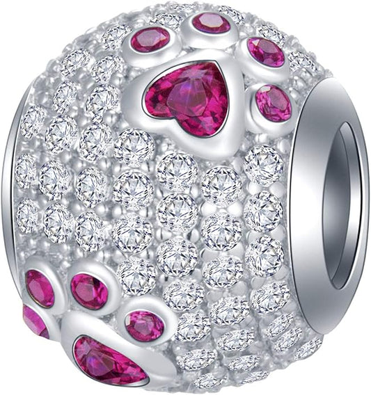 GEMDAZZ Sparkling Puppy Paw Print Charms in 925 Sterling Silver, Pave Dog Pawprint CZ Round Beads and Always in My Heart Charms, Gift for Animal Lover, fit European Women Bracelet/Necklace