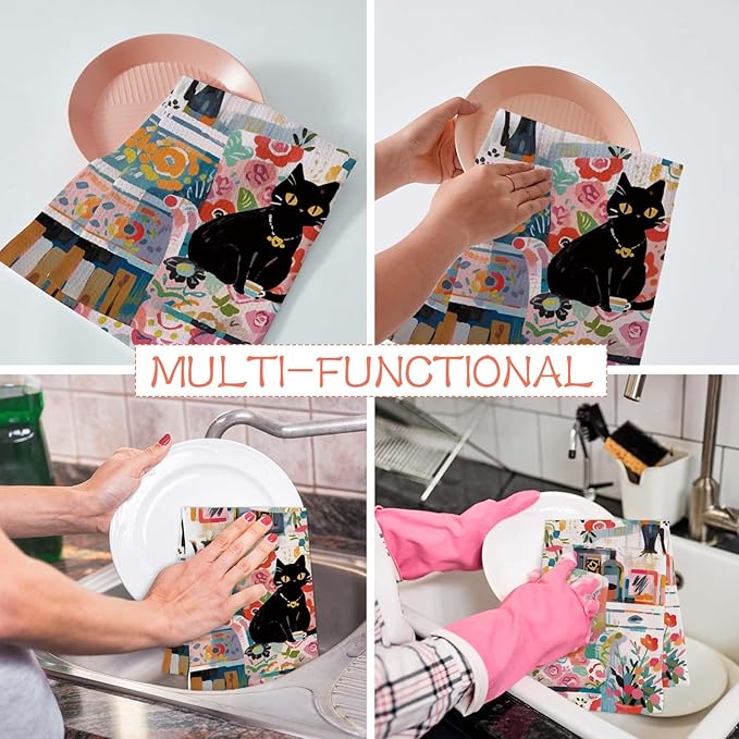 Cute Cat Kitchen Towels Set of 2 Cats Decoration for Cat Lovers Cat Kitchen Accessories Cat Mom Gifts for Women Cute Hand Towels Decorative Set for Kitchen & Bathroom 16×24 Inch