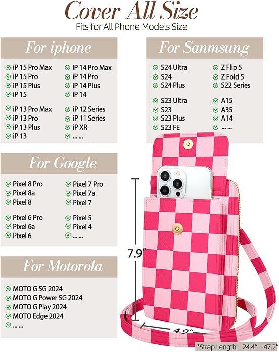 Cute Crossbody Purse Cell Phone Bags for Women - Leather Cellphone Wallet Purse with Handle Rope and Adjustable Shoulder Rope