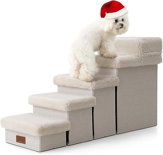 Dog Stair for Small Dogs with Storage, 21" H Foldable Pet Step with Soft Cover, Older Cat Ramp for High Bed or Car, Lightweight, Comfort, 39.7x13x21.2 inch, 5 Tiers, Beige