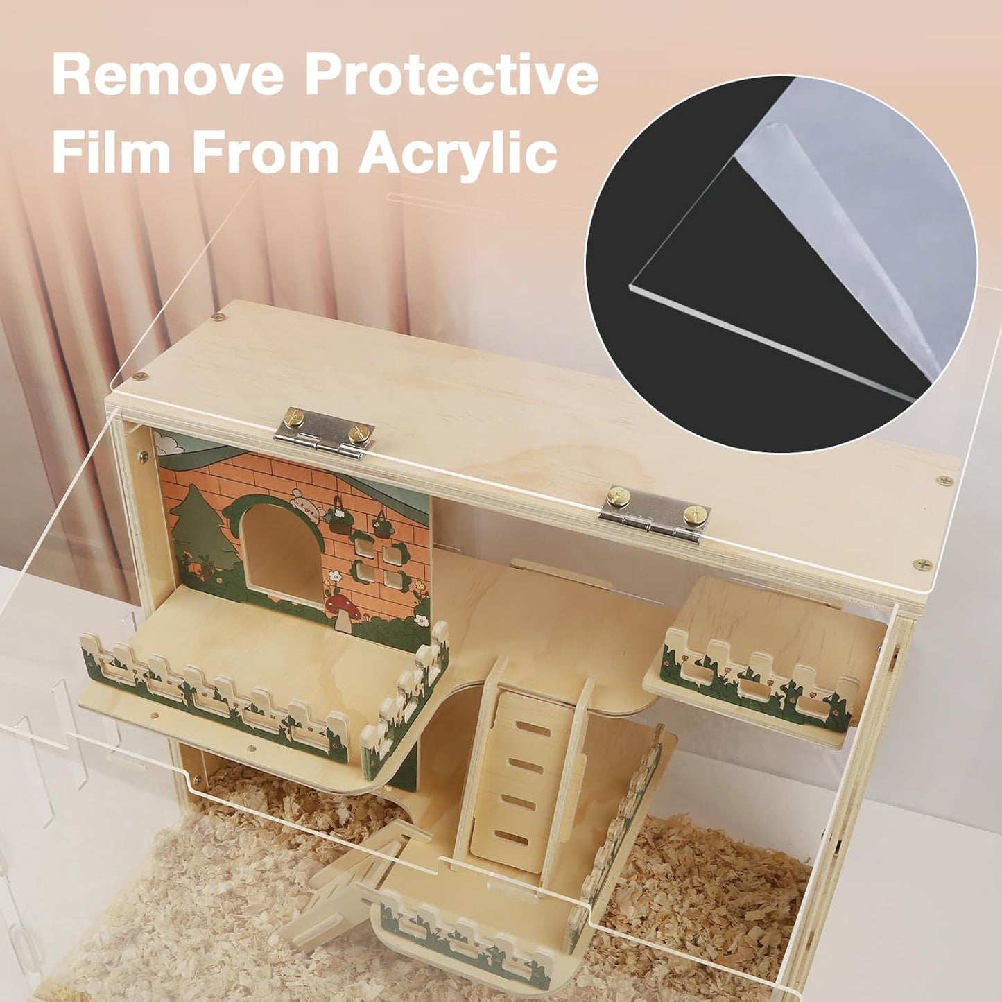 Wooden Hamster Cage, 15.8" 3-Layer Acrylic Dwarf Hamster Cages,Top Open Small Animal Cages with Stairs, Fences, Pastoral Style Mouse Cage for Pet Mice, Hedgehog