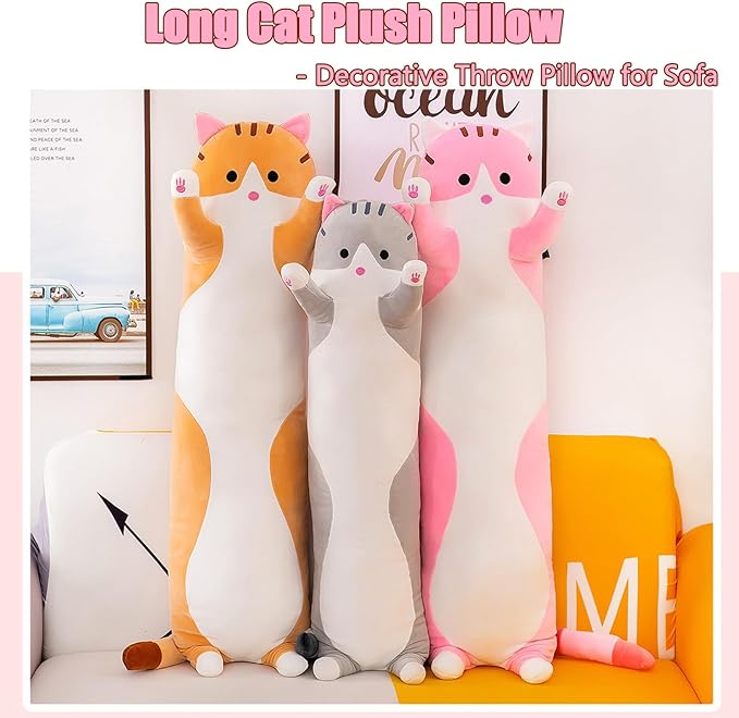Long Cat Plush Pillow - Super Soft Kitty Body Pillow, Cute Animal Hugging Pillow for Kids & Adults, for Cat Lovers(70cm/27.55inch,Pink