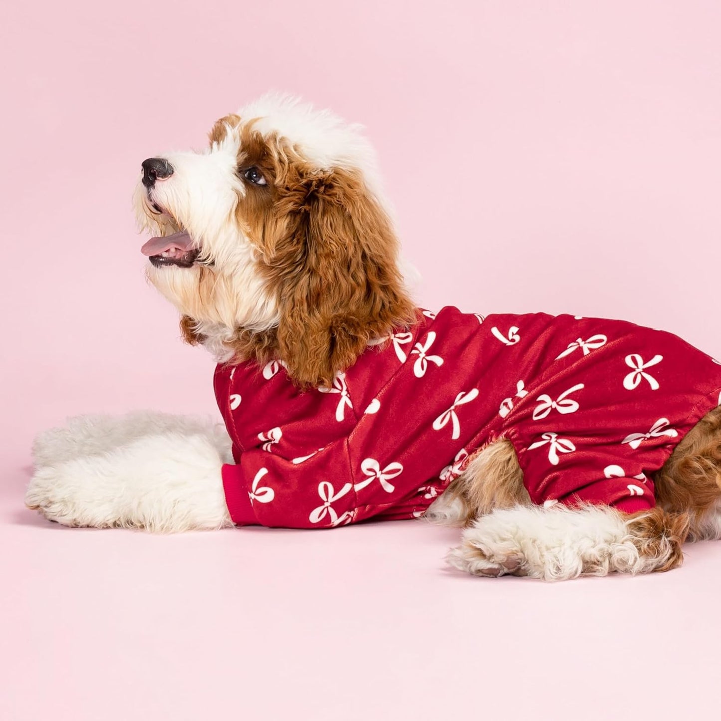 Fitwarm Bowknot Dog Pajamas, Warm Clothes for Small Dogs Girl, Fleece Pet Onesie with Feet, Burgundy Red, White, XL