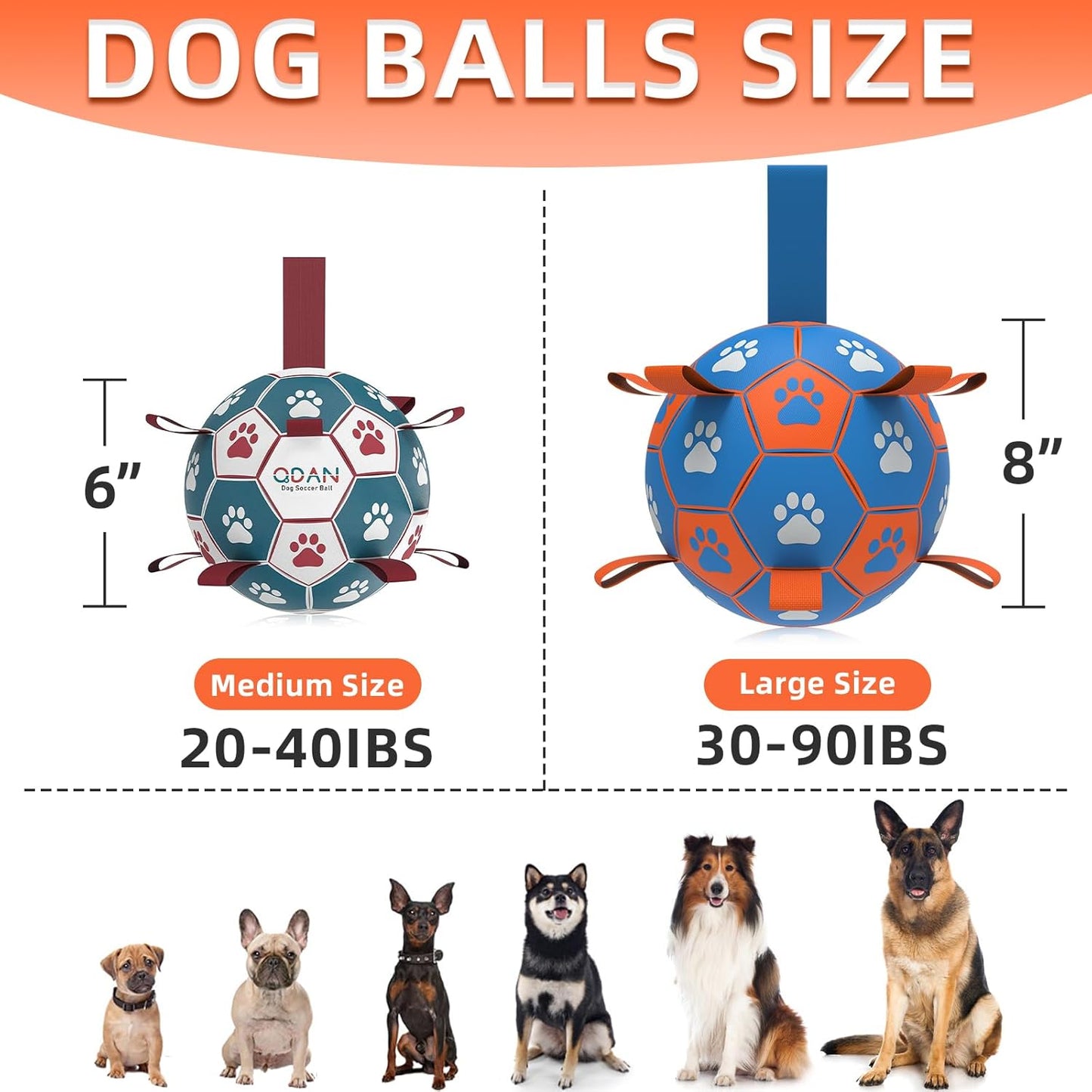 QDAN Dog Ropes Toys Soccer Ball with Straps, Puppy Birthday Gifts, Tug Toy, Durable Dog Balls for Medium & Large Dogs- Blue Orange(8 Inch)