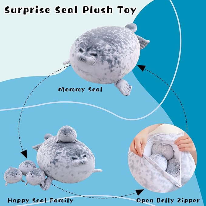 Chubby Blob Seal Pillow Cute Seal Plush with 4 Baby Plushies in Her Tummy, Soft Cotton Stuffed Animals Toy Gifts for Kids